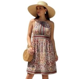 London Times Mini Dress Sz4P Multicolor Printed Keyhole Neck Elegant Casual